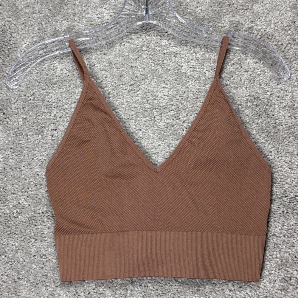 Bozzolo Womens Brown Ribbed V-Neck Seamless Bralette Crop Top ML ST81245